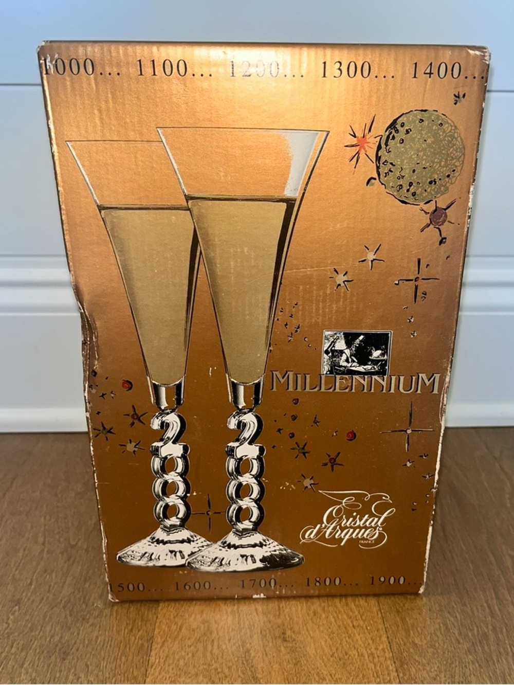 Cristal D'Arques 1 Pair of Millennium Crystal Champagne Flutes (New Old Stock)